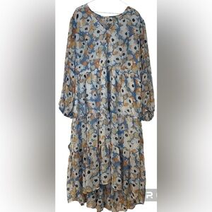 Joie Floral Fields Ruffle Tiered Floral Dress Bodice & Skirt Lined V-Neck Sz XXL